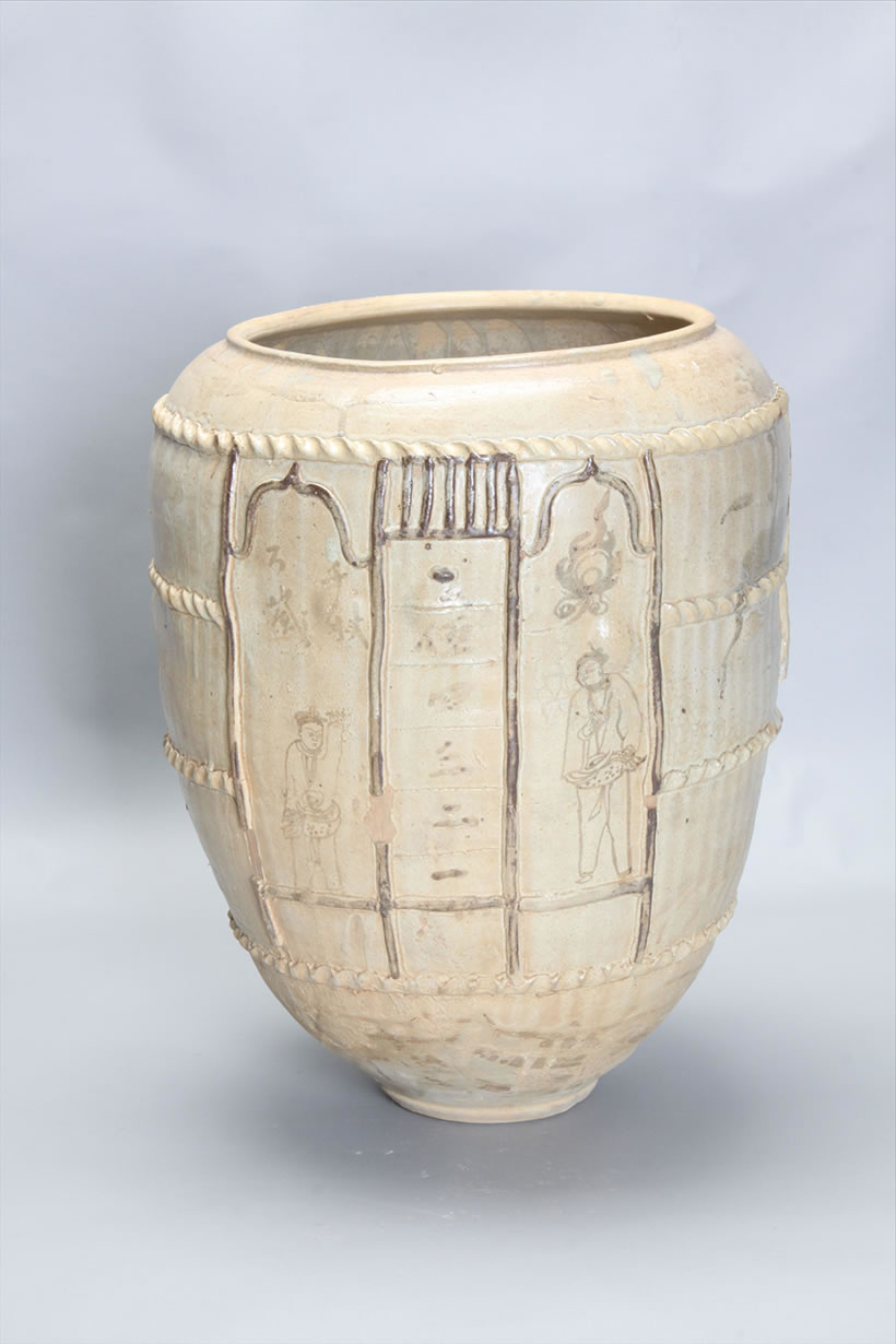 宋青白釉褐彩堆贴水波纹瓷古仓